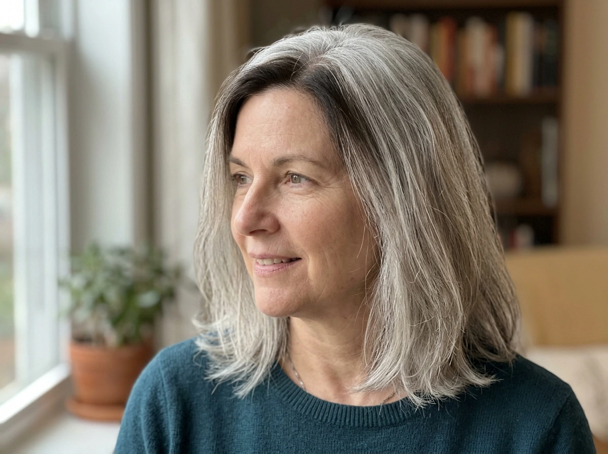 Person showing natural gray grow-out with visible root line and fading dyed ends
