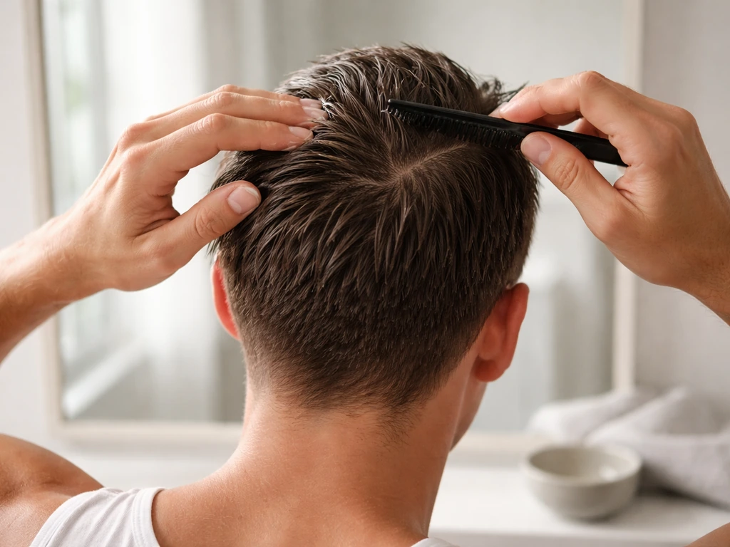 Man styling short crown hair with light cream pomade using a comb in a simple bathroom setting