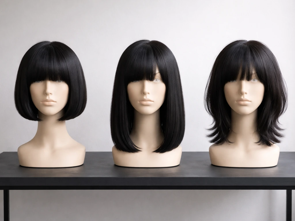 Three mannequin heads showing different mod haircut styles: bevelled bob, longer bob, and mod shag variant.