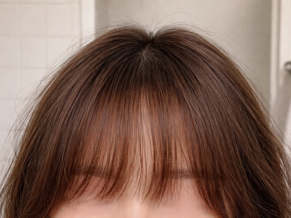 Close-up of hair fringe and bangs aligned while outer hair softens in a grow-out window.