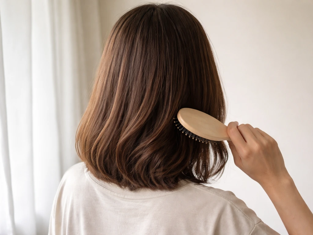 Person smoothing hair to collarbone length near a bright window, refreshed cohesive shape.