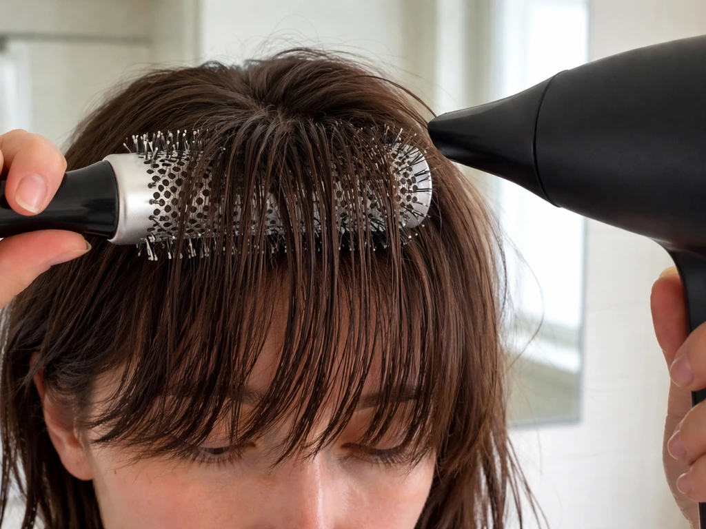 Close-up of anonymous hair styling: damp mod bangs being blow-dried and lifted with a round brush.