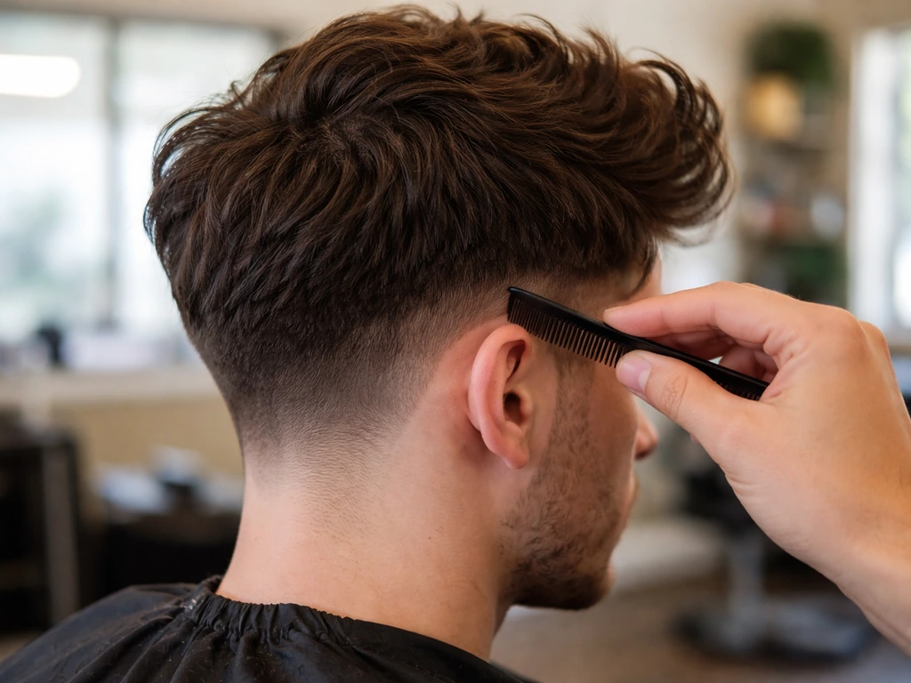Barber shop mirror view of an undercut grow-out at the nape, showing blended shorter line with styling tool