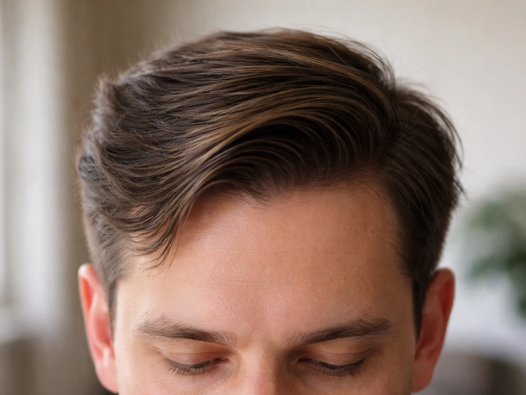 Close-up of a person’s hair showing a natural comb-over with a defined side part, swept to one side.