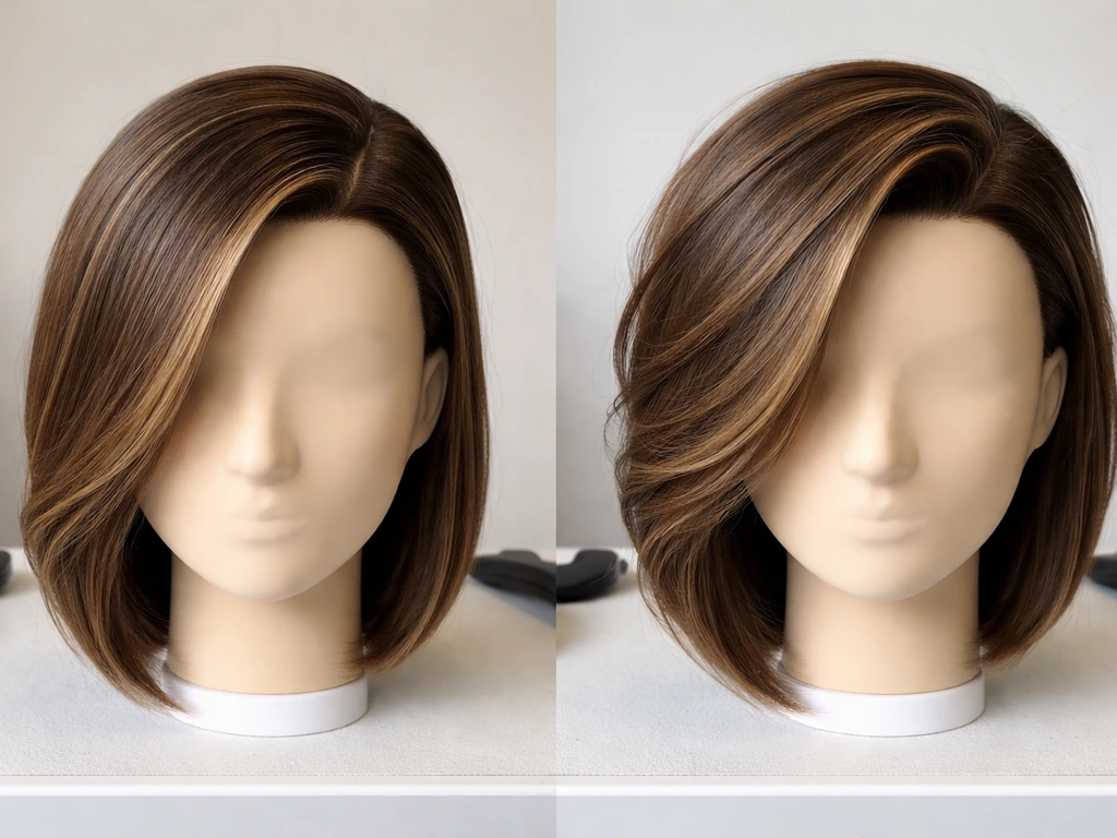 Two close-up hair-part setups on mannequins: classic side-part comb-over and modern textured comb-over.