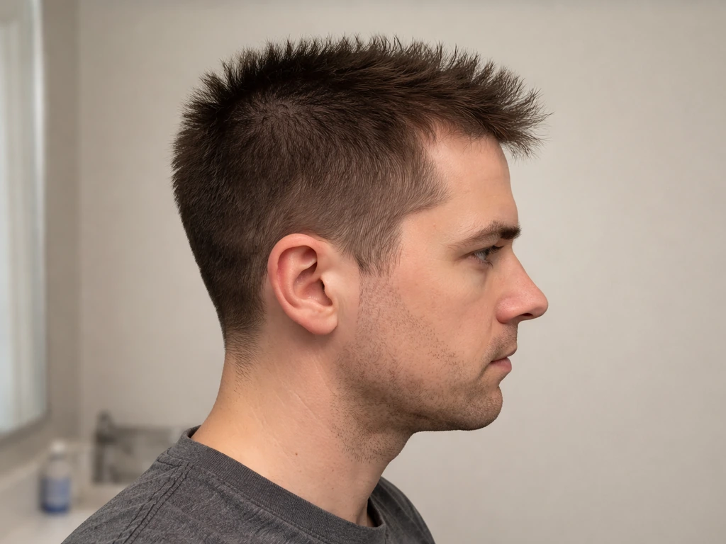 Anonymous person in a simple bathroom, side profile showing awkward, too-short top hair growing out.