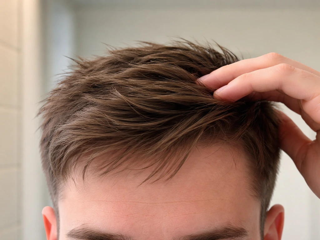 Person’s hand brushes short hair across to form an uneven, readable side sweep