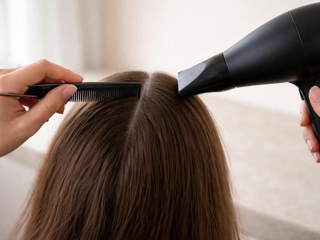 Fine-tooth rat-tail comb and blow dryer nozzle on a bathroom counter, creating a sharp hair part