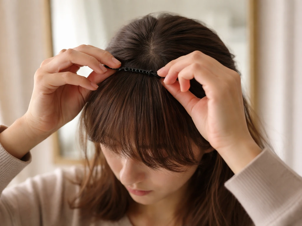 Person tucking overgrown bangs back with a small hair clip, showing the grow-out phase being hidden.