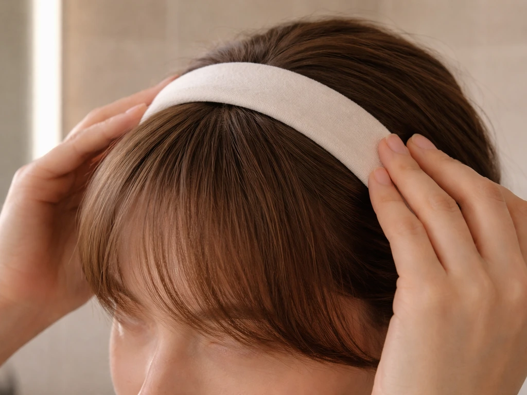 Person using a headband to push bangs back, hair neatly smoothed in a mirror-lit bathroom