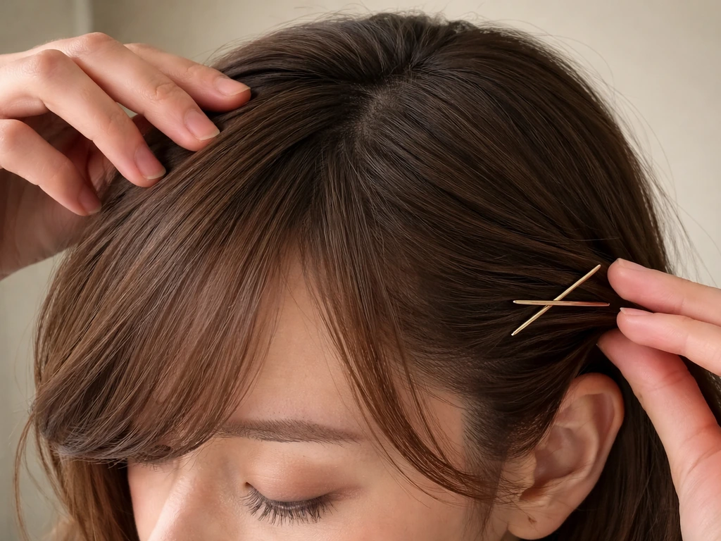 Close-up of hands sweeping and pinning mid-length side bangs across a woman’s forehead