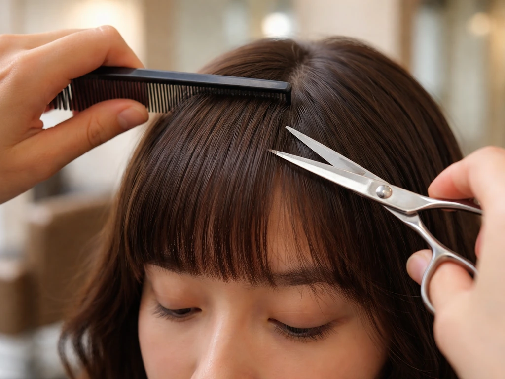 Close-up of hairdresser’s scissors trimming bangs with the ends softened for a grow-out look.