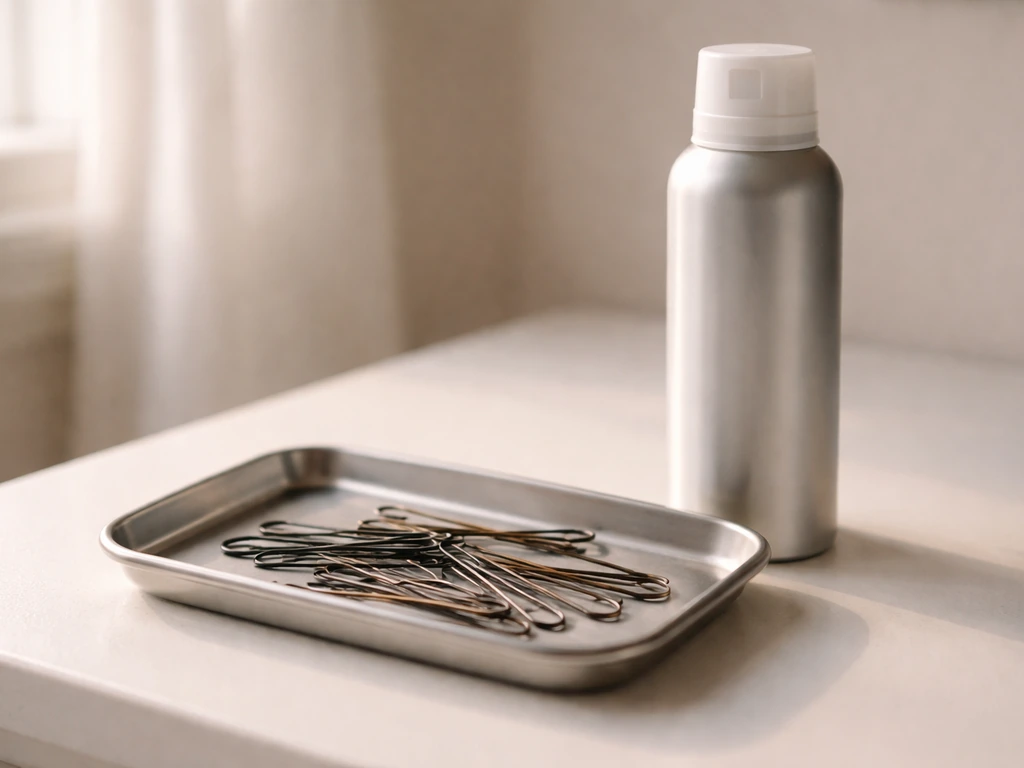 Assorted bobby pins and a dry shampoo can staged on a vanity tray for quick access.