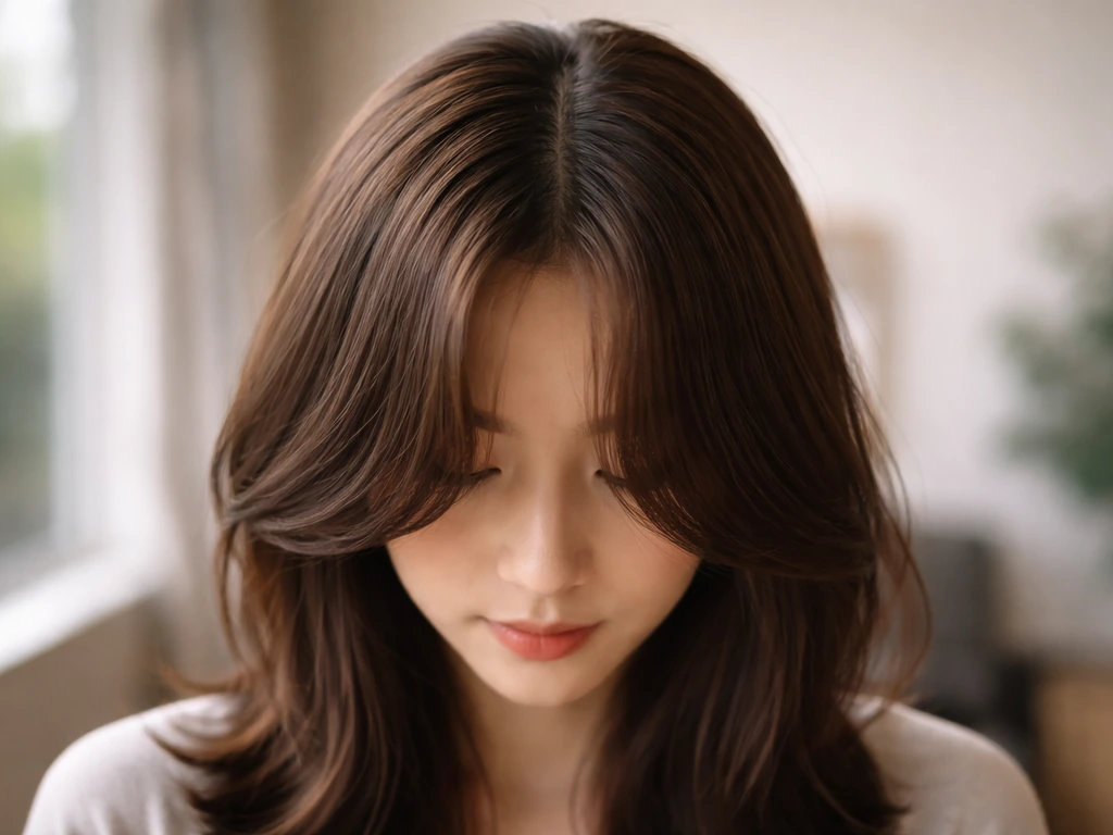 Close-up of hair with a center part and face-framing curtains fringe, softly styled in natural light.