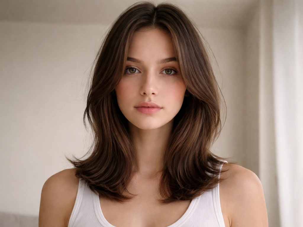 Close view of a center-part curtain hairstyle with split-open fringe and loose face-framing layers.