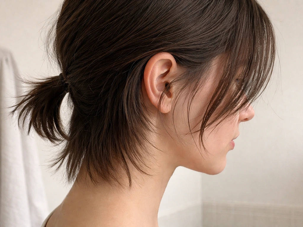 Close-up of a woman’s hair regrowth at the ear and neck, transitioning from pixie to longer fringe