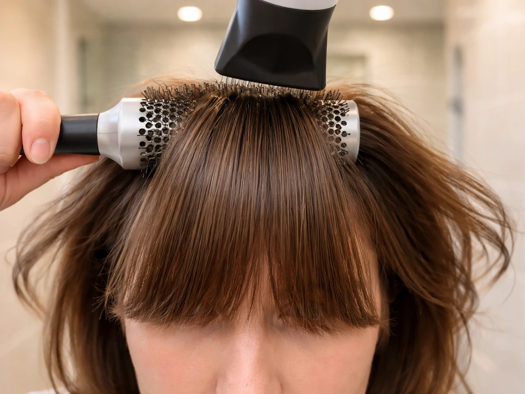 Round brush positioned behind a fringe section with hair being blow-dried forward and outward.