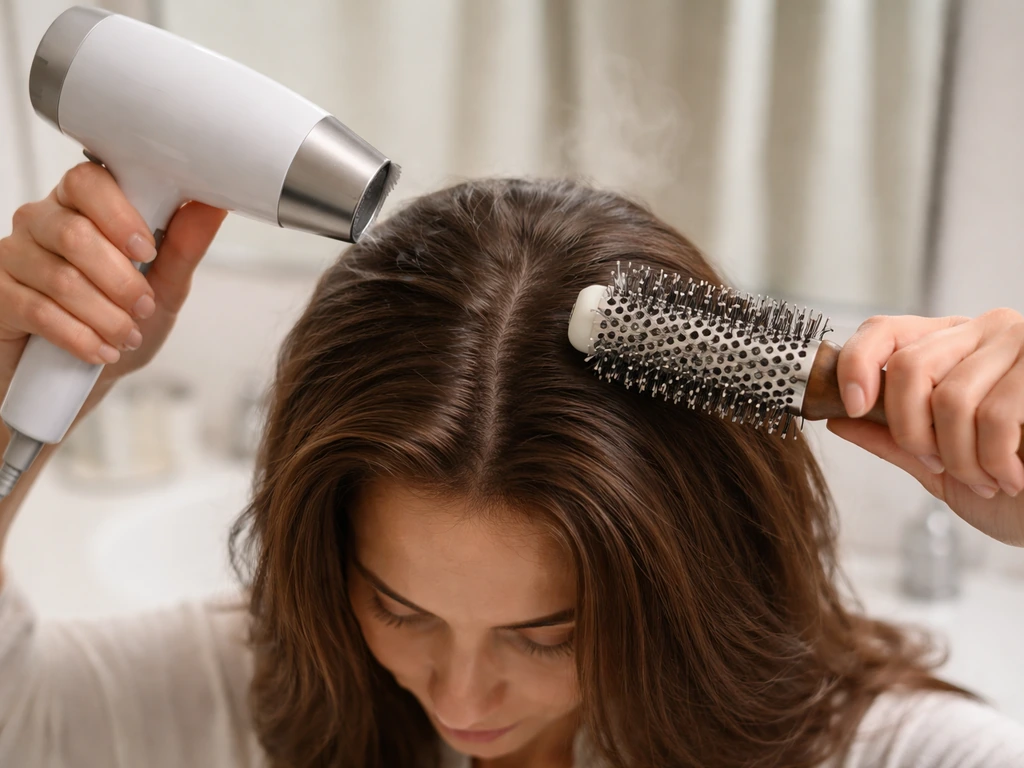Person blow-drying hair at the roots with a brush to encourage a center split.