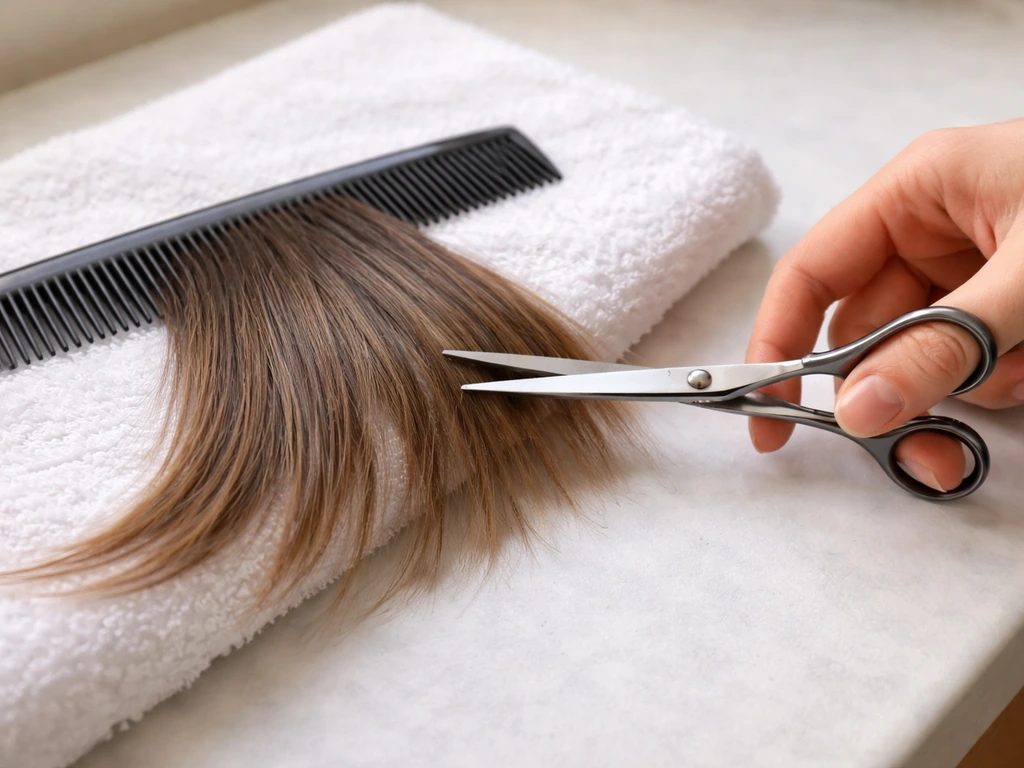 Close-up of scissors and fine-tooth comb beside long curtain-fringe hair resting on a towel.
