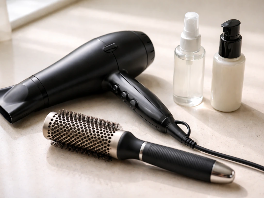 Minimal flat lay of blowout tools: hair dryer with nozzle, round brush, heat protectant and styling products.