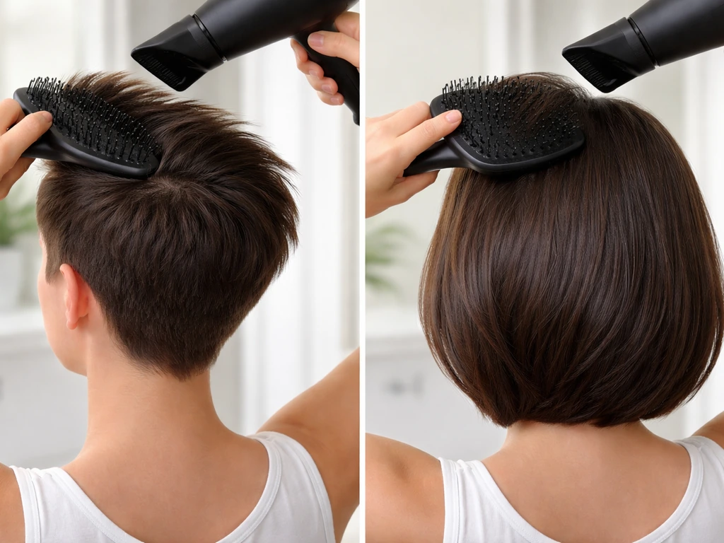 Minimal split-scene showing short pixie styling with a flat brush vs chin-length blowout with a paddle brush