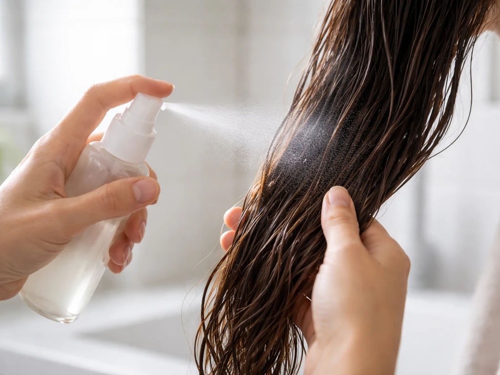 Hands applying heat protectant to damp hair before blow-drying in a bright bathroom