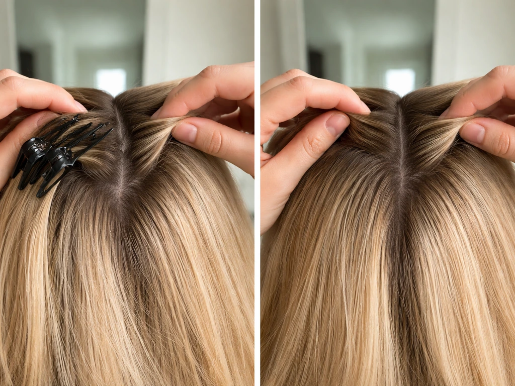 Hands adjust clipped hair showing a visible dent versus reshaped smooth strands