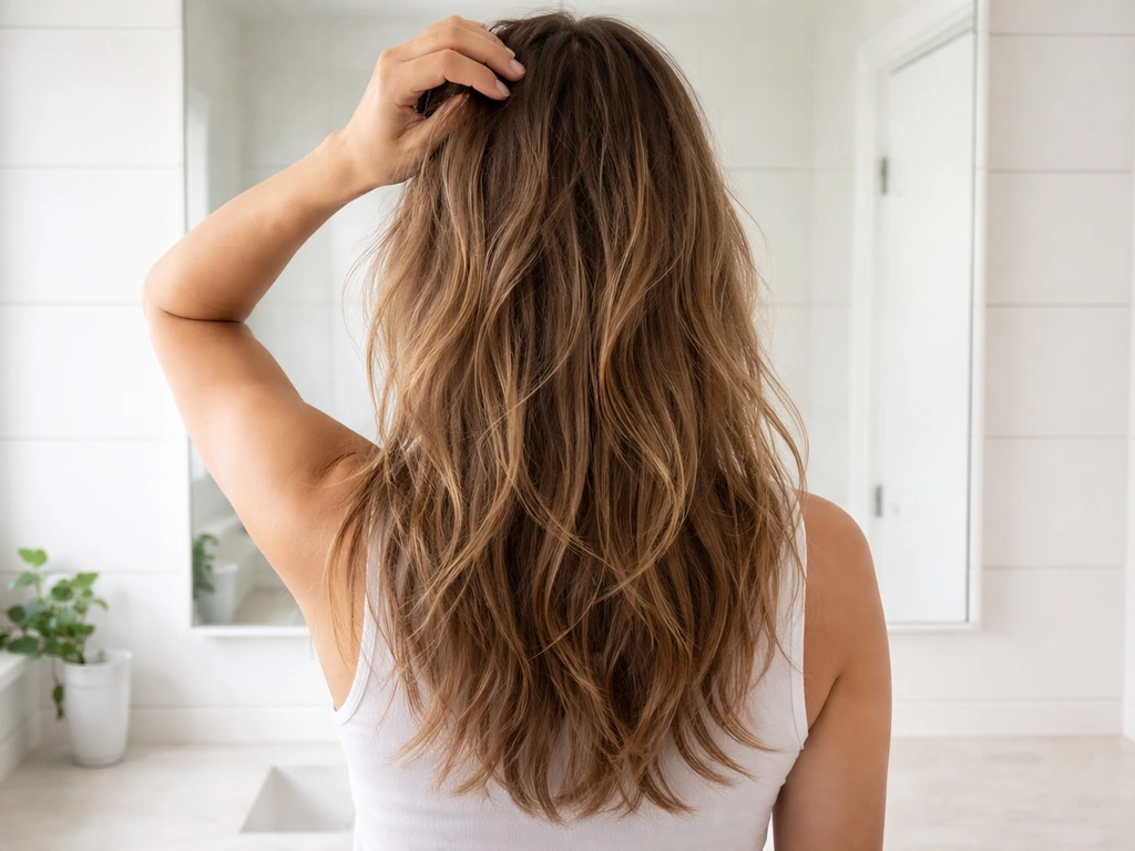 Person in front of a mirror with dry unstyled hair, showing crown, mid-lengths, and ends for layer placement.