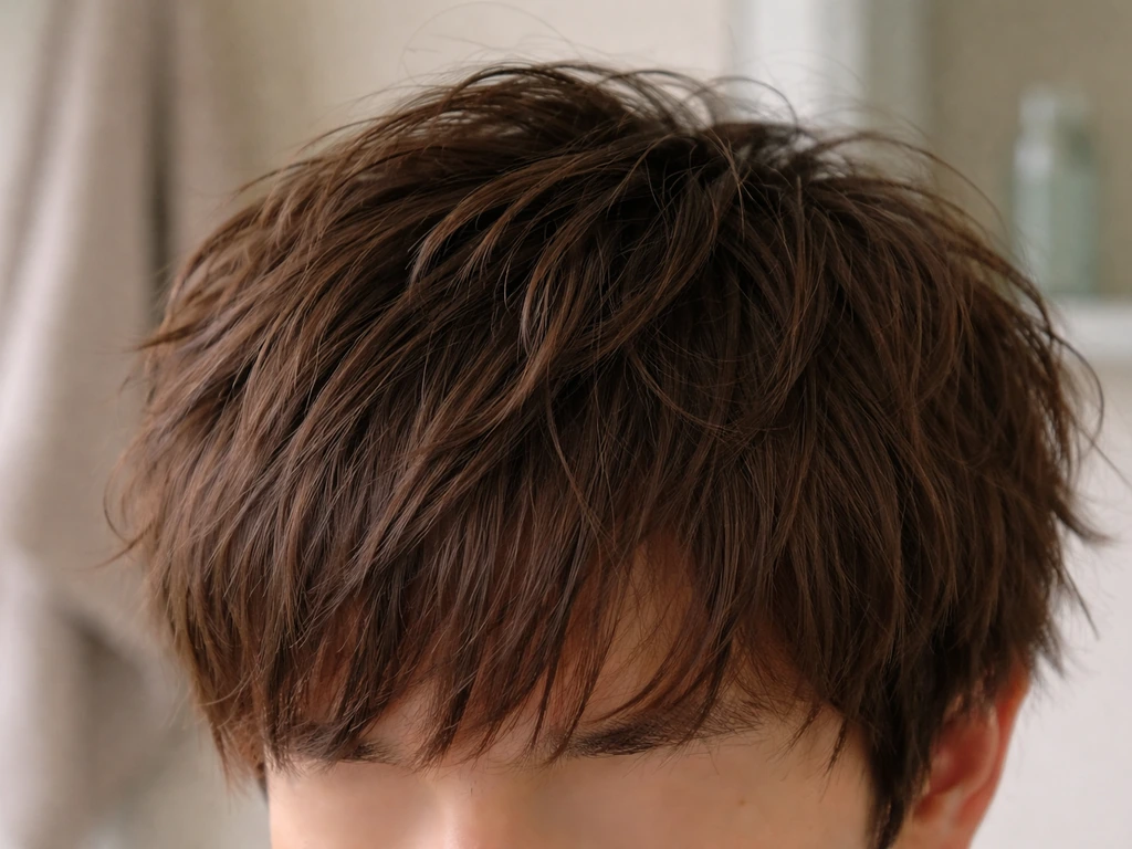 Close-up of shaggy layered hair showing softened, choppy edges in early grow-out.