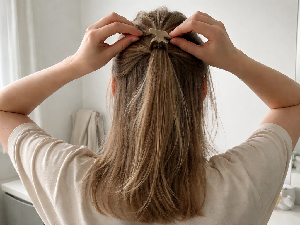 Person styling straight fine hair with a half-up, face-framing pinned section, natural light