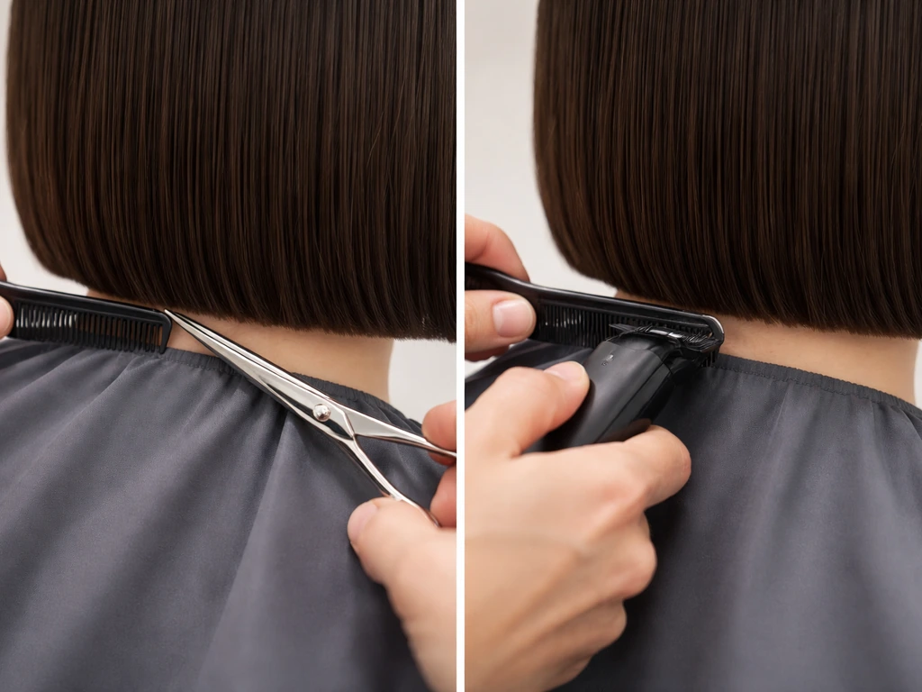 Close-up of scissors trimming a hair bottom perimeter edge to keep the shape stable.