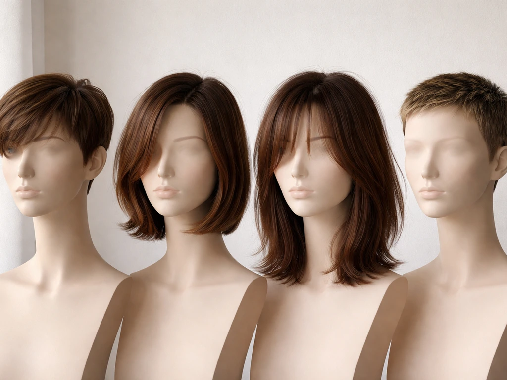 Colorful staged hair grow-out lengths shown on simple mannequins: pixie to regrowth
