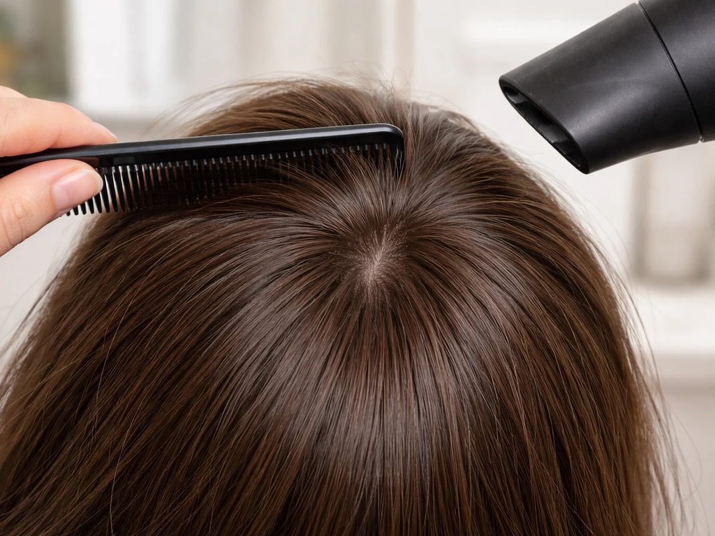 Close-up of fine-tooth comb and blow-dryer smoothing a cowlick by blow-drying opposite the hair’s growth.