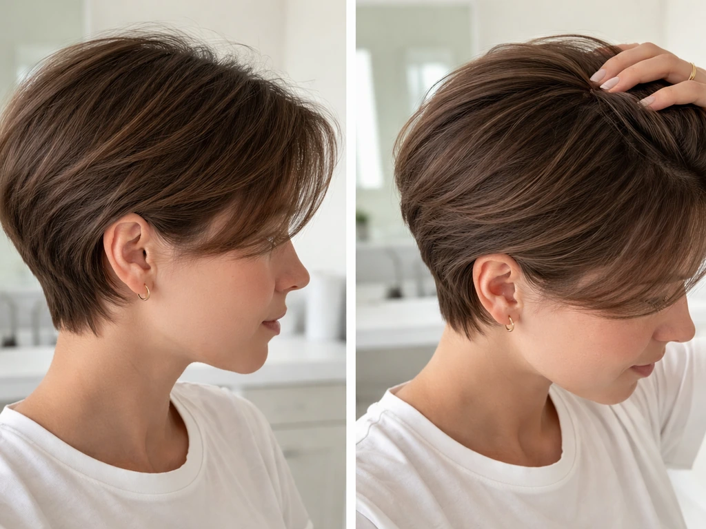 Side and top view of an anonymous person’s pixie grow-out at ear-tuck/blend stage with soft volume.