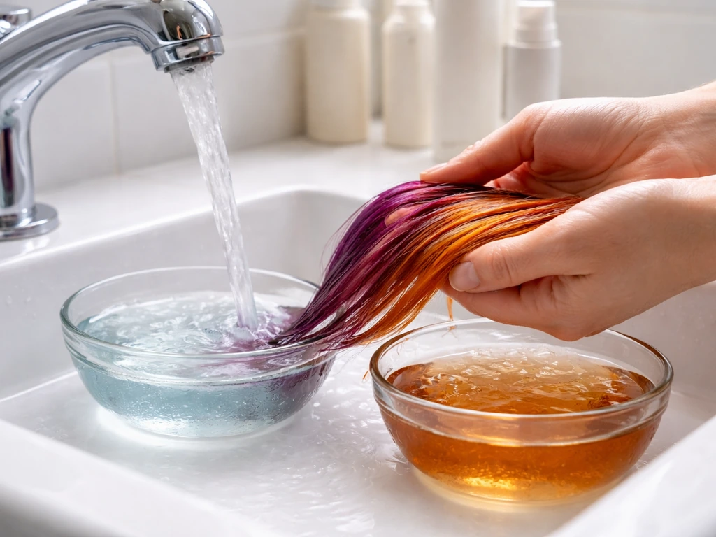 Hands rinsing color-treated hair in a bright bathroom sink with visible cool vs hot water concept
