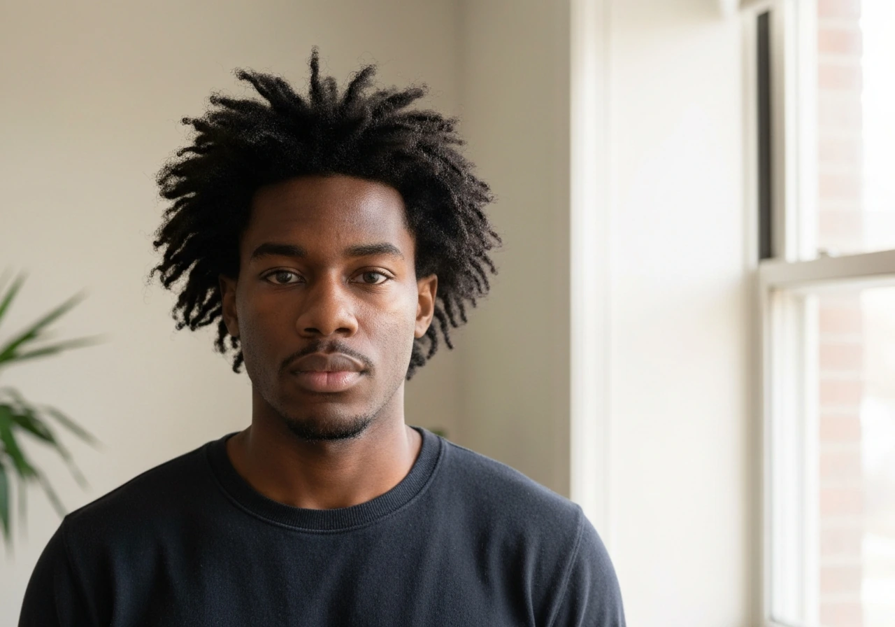 Black man with medium-length natural coily hair in an in-between grow-out stage near a window