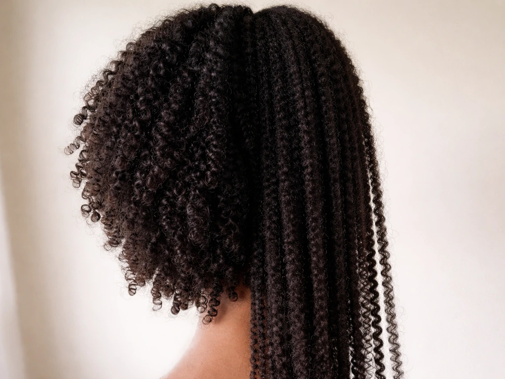 Close-up of coiled afro-textured hair showing shrinkage next to the same hair gently stretched longer.