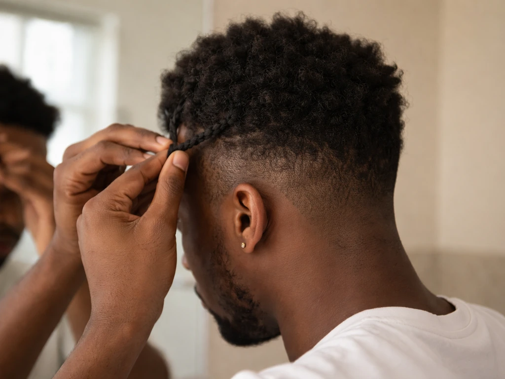 Anonymous person’s hair slightly grown out, with hands starting simple two-strand twists in soft natural light.