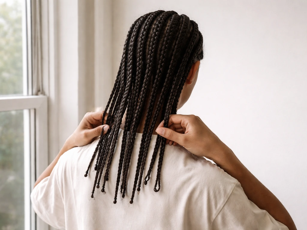 Person with shoulder-length cornrows in soft natural light, hands gently adjusting hair near a window.