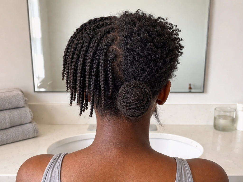 Short natural hair styled with small two-strand twists and a twist-out detail for an awkward phase look.