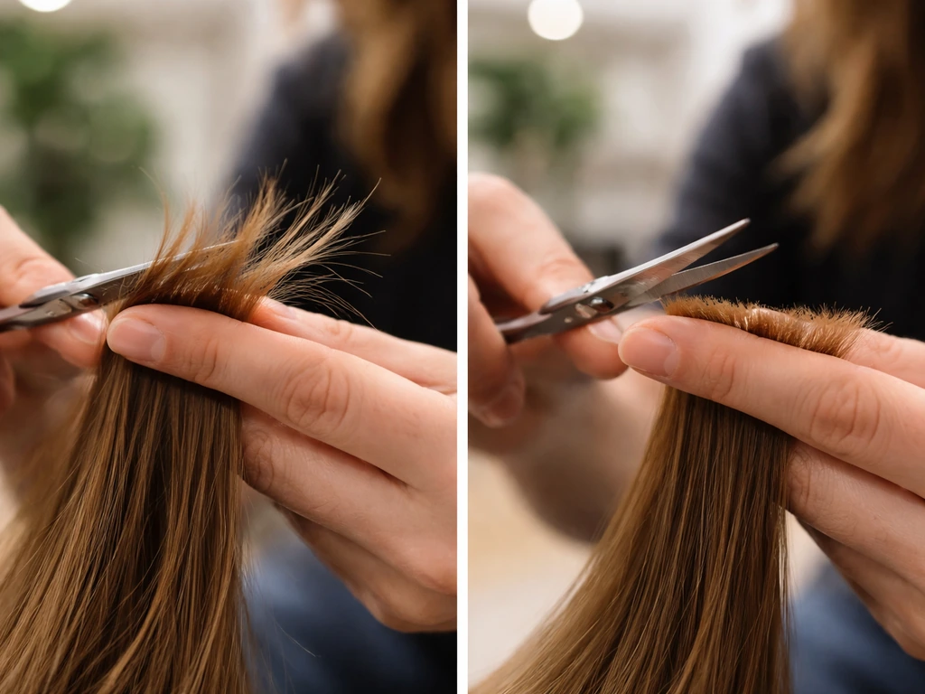 Close-up of a stylist neatening split ends with small shears, keeping length while trimming only the tips.