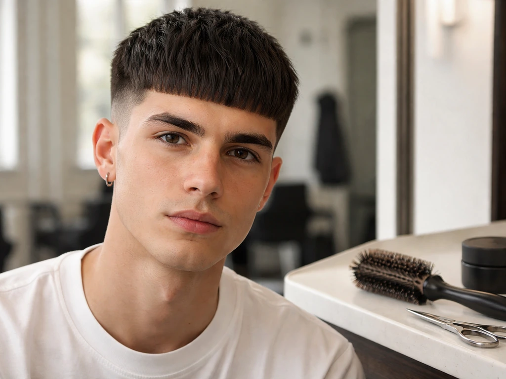 Close-up of an Edgar haircut with blunt fringe and tapered sides beside barber styling tools.