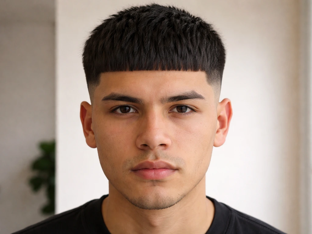 Close-up of an Edgar haircut: blunt straight fringe and short tapered sides with strong contrast.