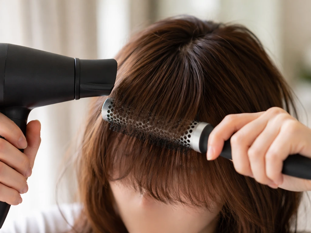 Close-up of blow-drying and brushing a fringe forward and slightly down at home.