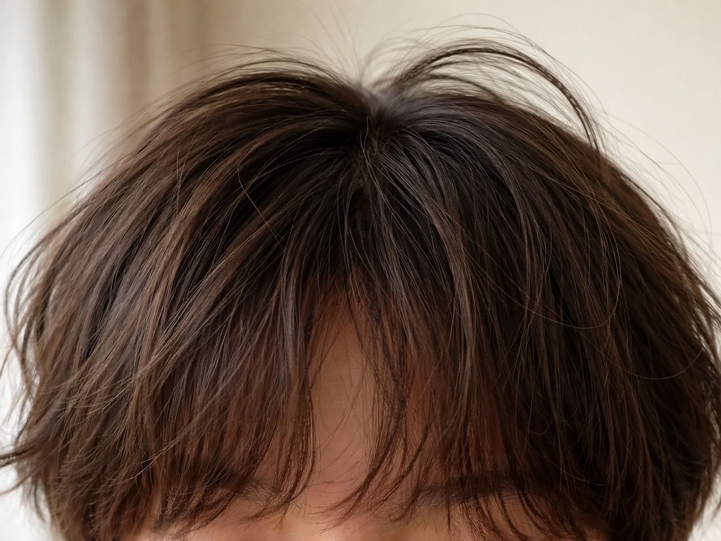 Close-up of a person’s wavy mid-grow fringe showing cowlicks and ends curling naturally