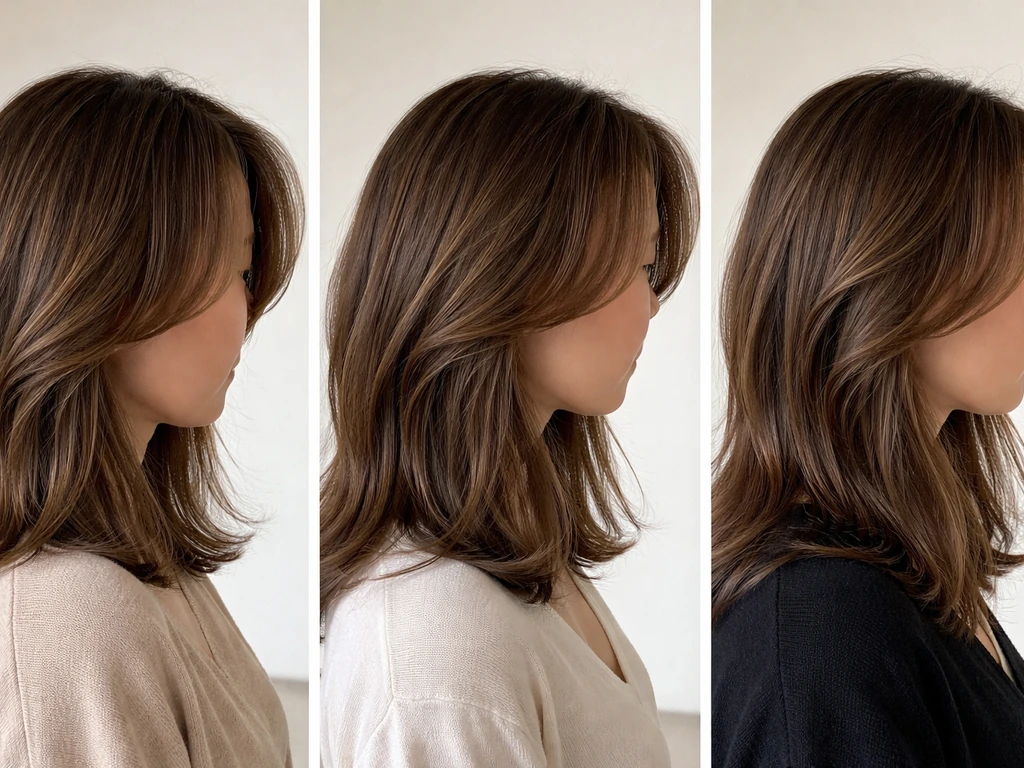 Minimal 3-panel comparison of styled curtain fringe with parts blown outward and slightly back