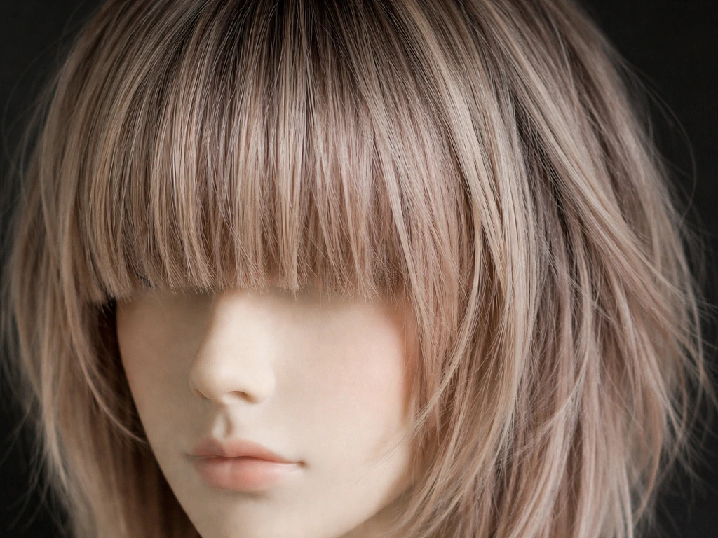 Close-up of layered scene hair structure with choppy blunt fringe and gradient lengths