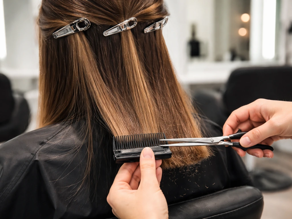 Close-up of salon chair with sectioning clips, shears, and a clipper guard during a careful trim.
