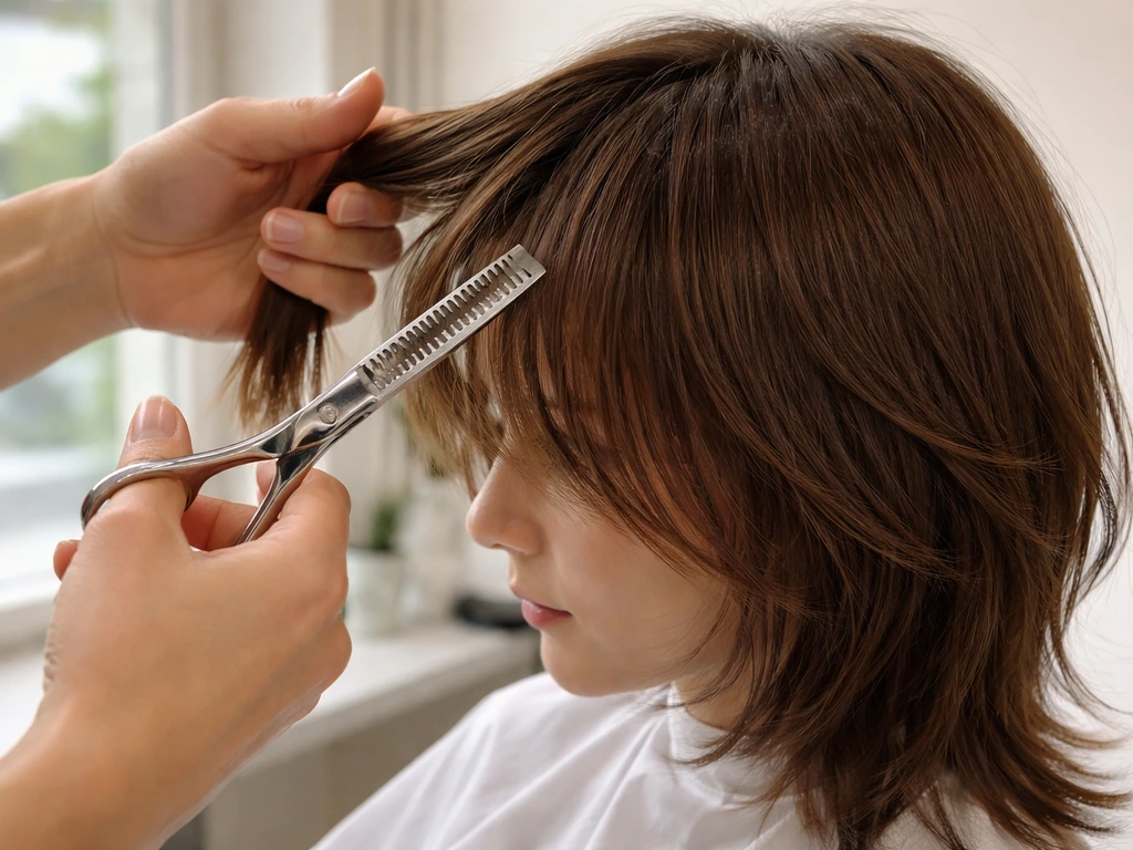 Hair stylist using thinning shears to shape layered hair with light reflecting from strands.