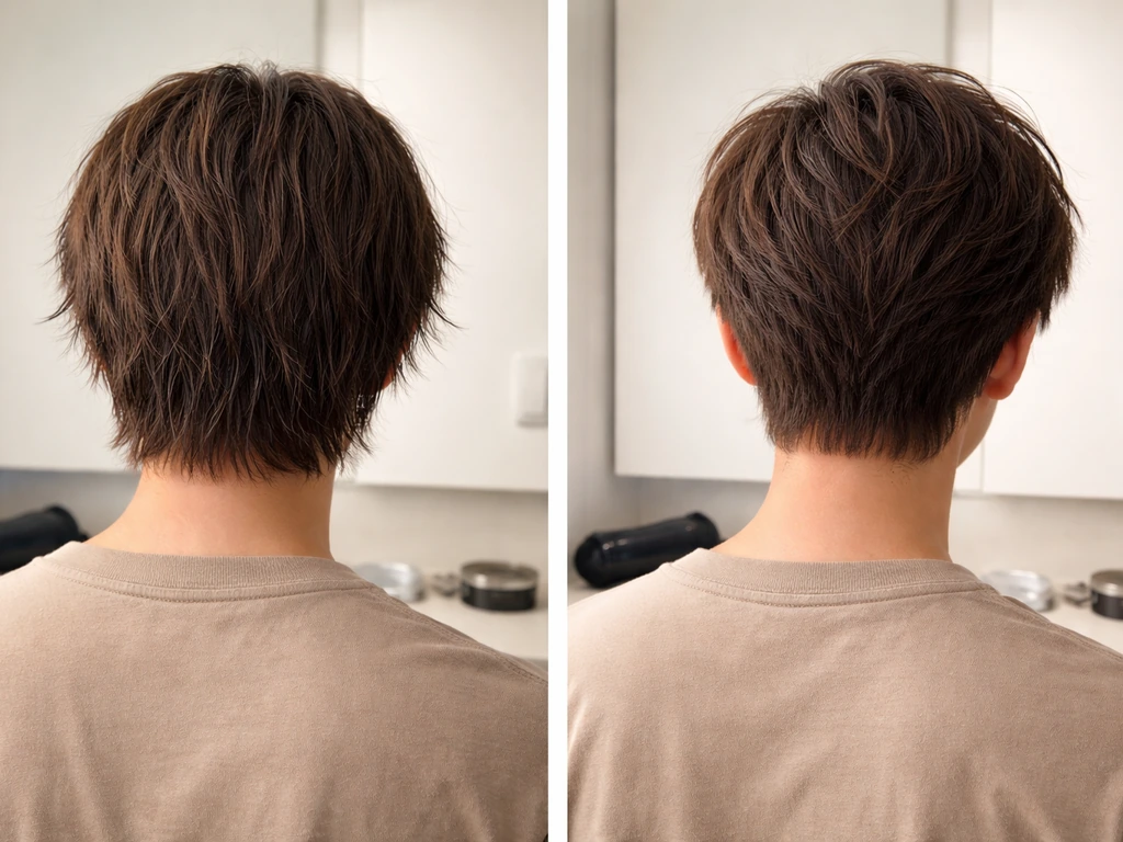 Two close-up views of short layered hair styling, showing bulky untrimmed vs smoother trimmed shape